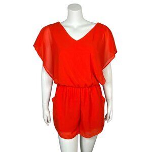 Miami Francescas Romper Womens Size M Red Sheer Short Sleeves V Neck Casual